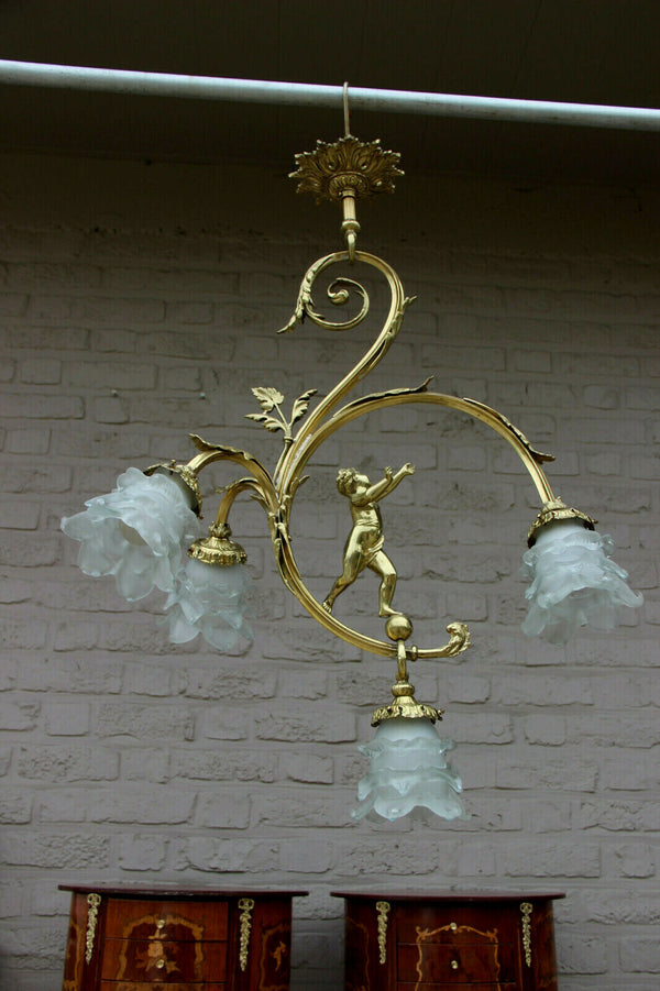 Gorgeous French bronze putti angel 4 arm chandelier pendant lamp shades n1