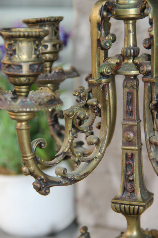 PAIR french antique Bronze putti dragon gothic castle candelabras candle holder
