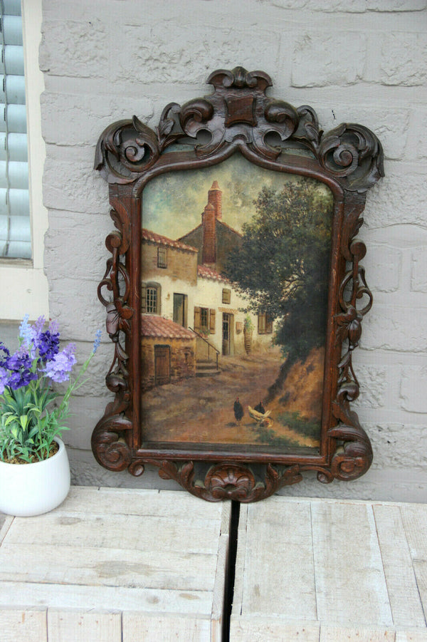 Rare antique black forest wood carved Frame with oil panel painting chickens
