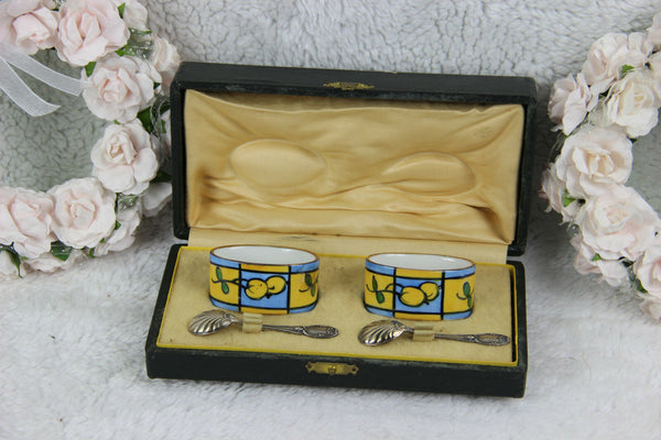 Antique French Limoges marked salt pepper pots porcelain spoon in box