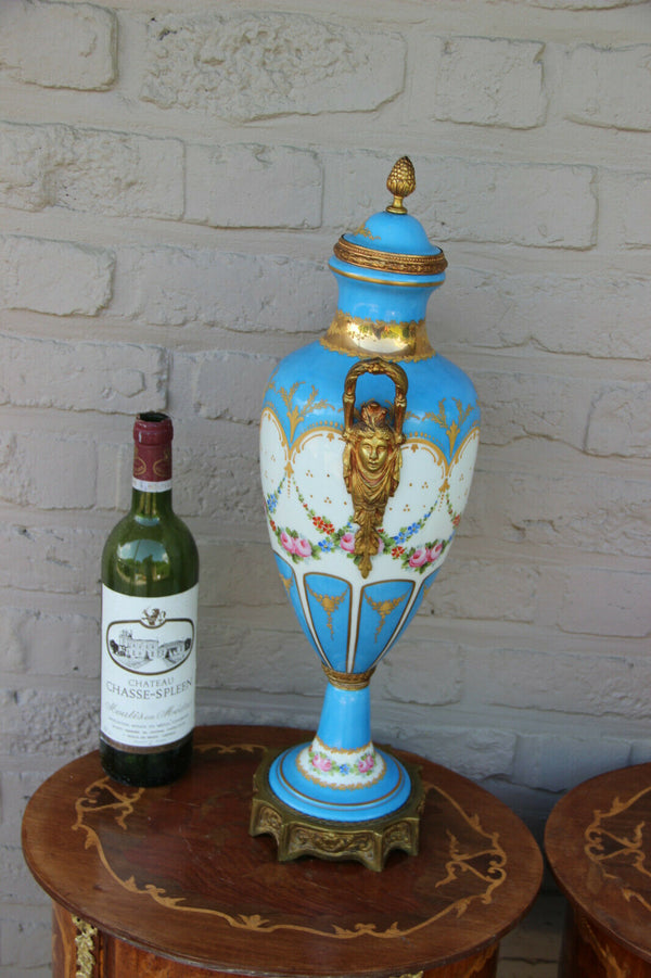 Antique french turquoise porcelain  floral Vase bronze caryatid putti ornaments