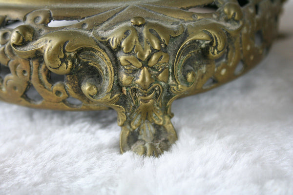 PAIR 1900 Delft Boch pottery Vases with birds bronze frames satyr devil heads