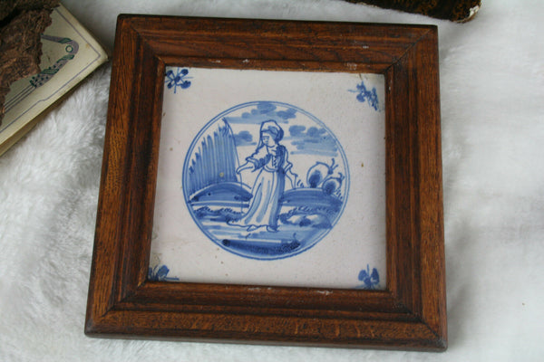 Antique 18th century Delft Ceramic Blue painted tile framed dutch