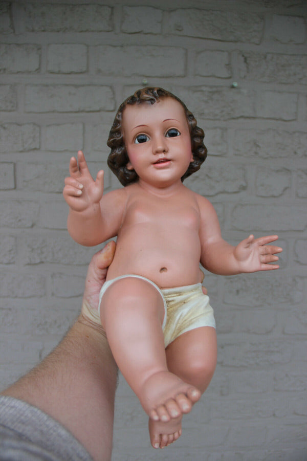 Antique rare XL Baby Jesus Terracotta polychrome glass eyes figurine nativity
