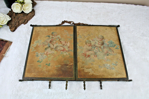 Gorgeous Rare antique French barber triptych mirror chromo on silk putti angels