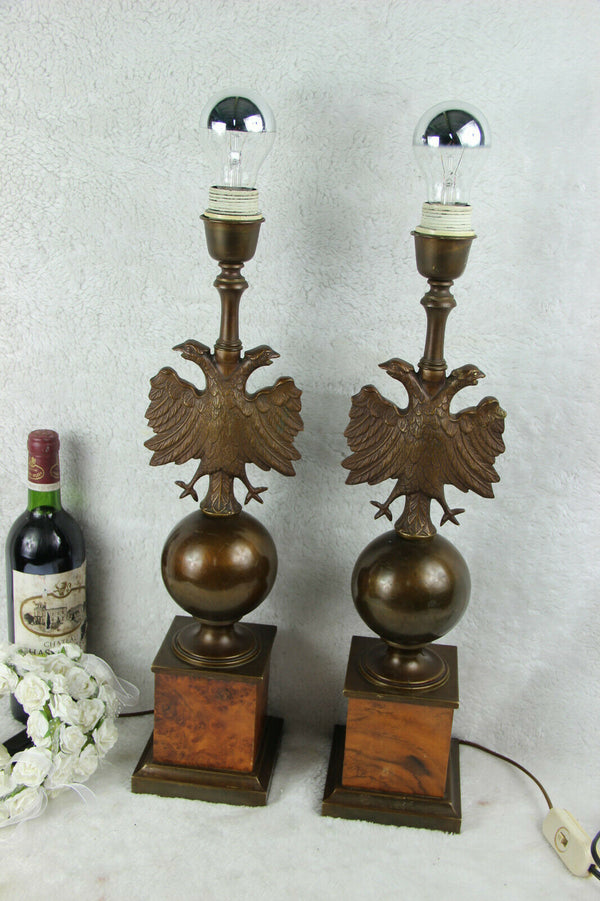Mid century PAIR empire double eagle bronze metal wood lamps 1960