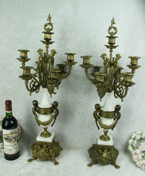 XL PAIR Bronze white marble putti angel Candelabras candlesticks candle holder