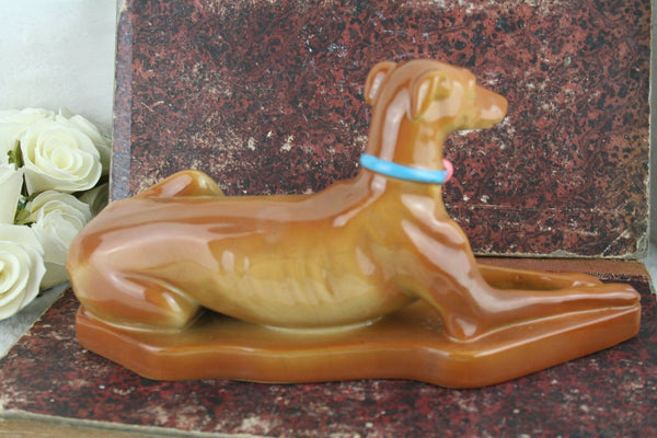 Antique Art deco Flemish marked faience ceramic greyhound whipped 1930