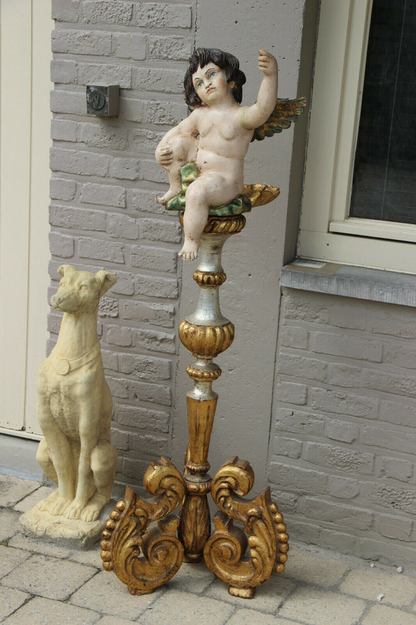 XXL Antique Italian church wood carved  putti angel holy water font statue