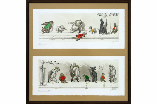 Framed set 2 Boris O Klein hand paint watercolour dog engravings