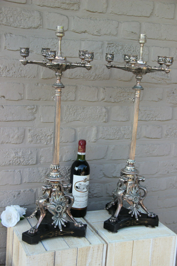 XL PAIR antique French Bronze silver pl  dragon gothic Castle candelabras lamp