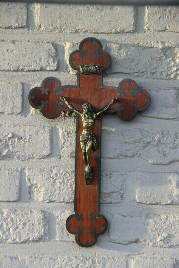 Old French antique wood carved Wall crucifix metal christ religious