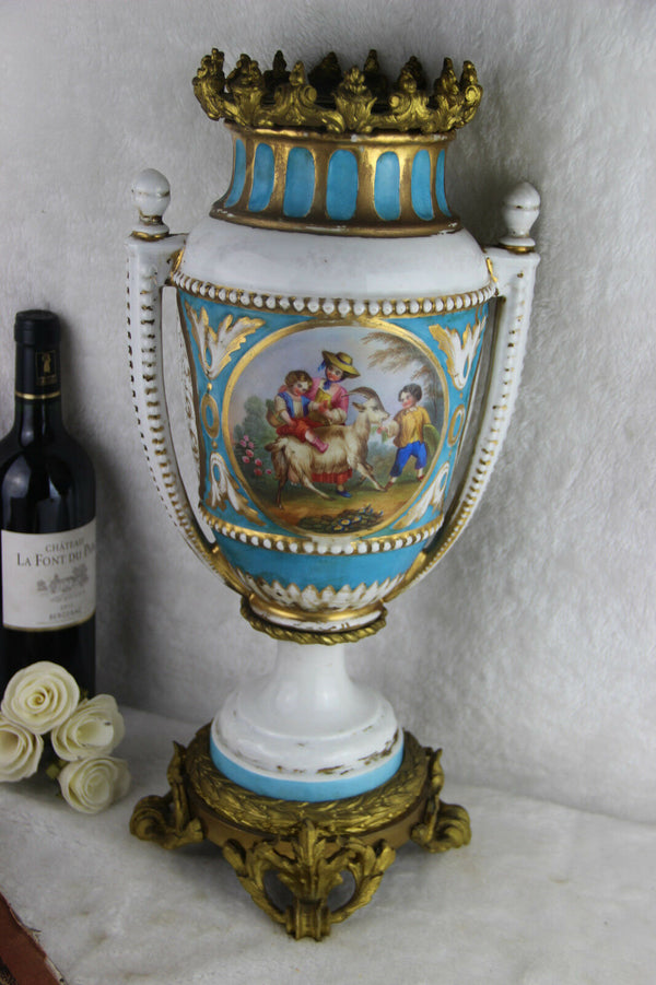 Large French porcelain Vase Louis XVI Brass base romantic scene floral Rare