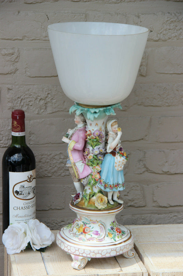 Antique German porcelain marked relief floral decor couple figurines Vase lamp