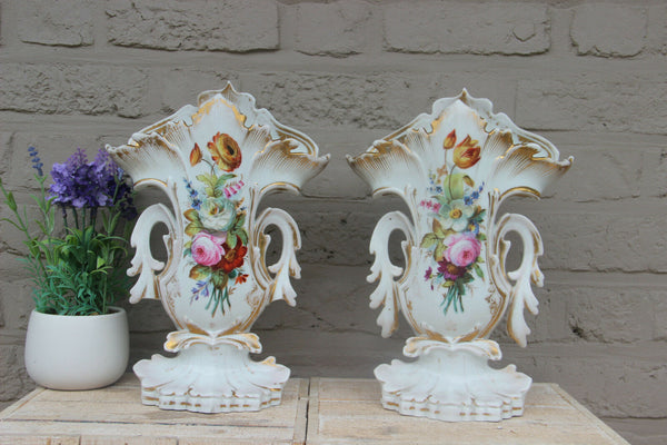 PAIR antique vieux paris hand paint floral porcelain vases 19th c