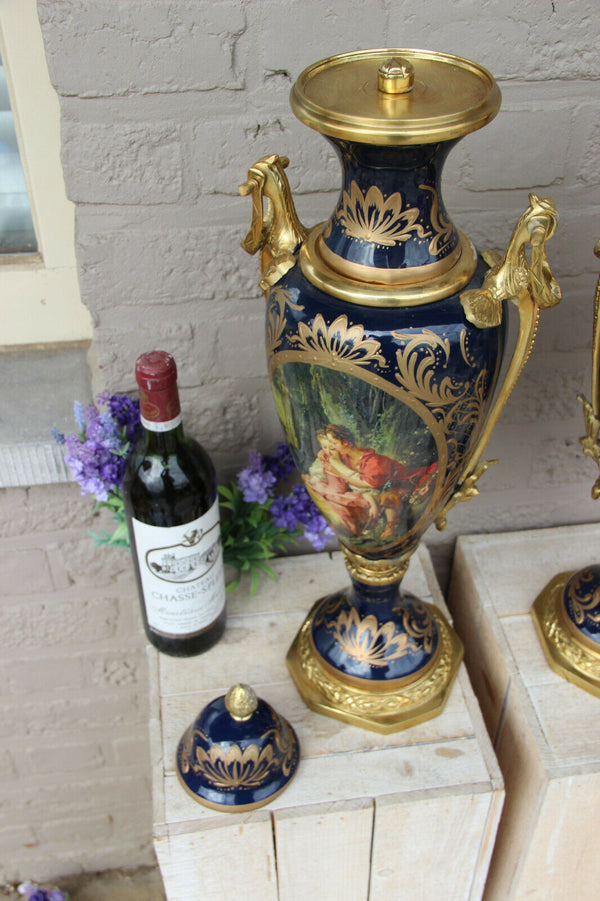 XL pair French limoges porcelain romantic landscape scene Vases