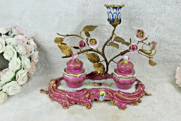 French pink inkwell majolica flowers sevres porcelain marked 1950s