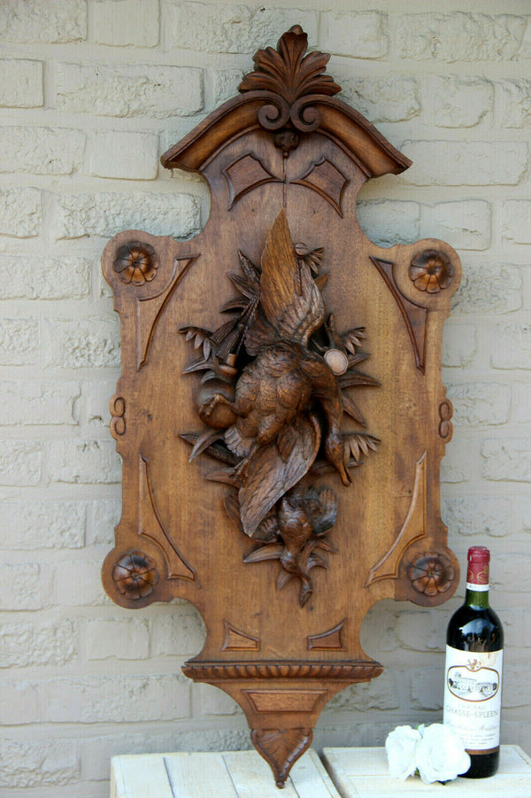 HUGE 38.5" Antique SWISS BLACK forest Wood carved wall panel hunt trophy rare