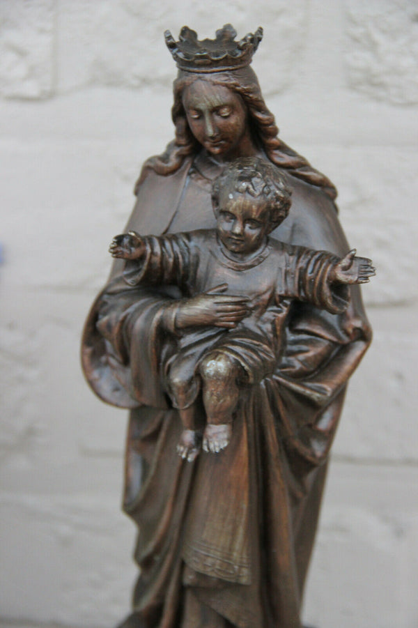 Antique French spelter bronze Madonna child statue religious figurine
