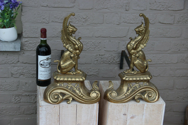 PAIR antique XL Brass Gothic Griffin Dragon Fireplace andirons