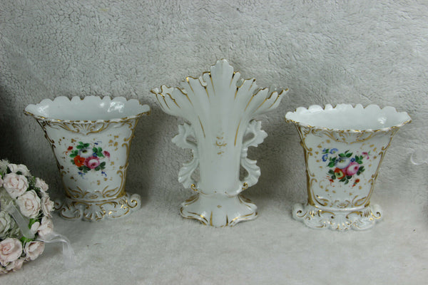 Antique French vieux paris porcelain vases set of 3 hand paint floral