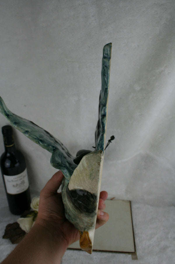 Antique XL French BARBOTINE faience Planter jardiniere wall duck form