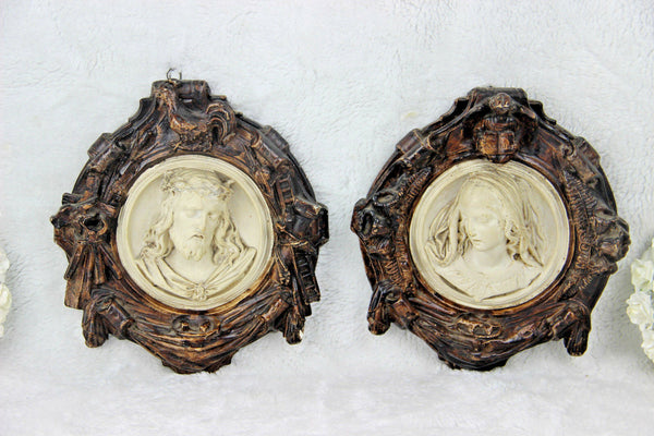 PAIR antique 1850 French religious wall plaques relief christ madonna putti