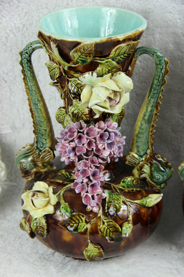 PAIR antique art nouveau barbotine majolica dolphin flowers Vases 1900 rare