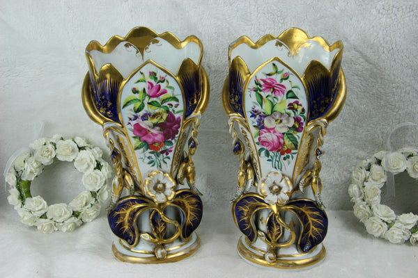 PAIR 19thc French vieux paris porcelain floral hand paint Vases