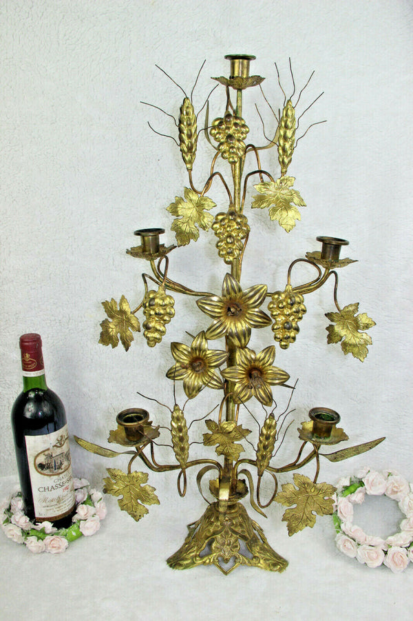 Antique XL church brass Candle holder candlestick 5 arms floral decor