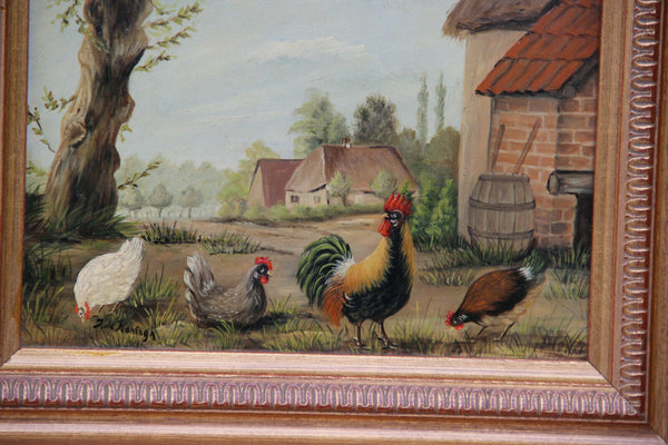 PAIR Flemish oil panel painting chicken rooster animal scene signed