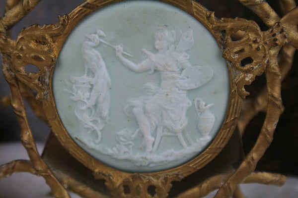 Gorgeous Antique French Brass Wedgwood porcelain plaque letter holder 1900