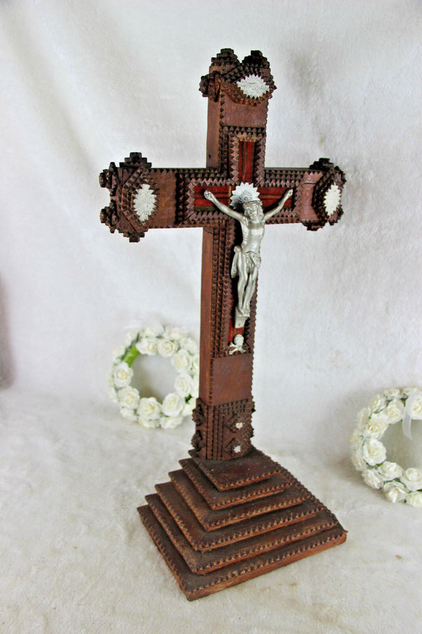 Huge French antique tramp art cigar box wood crucifix cross religious