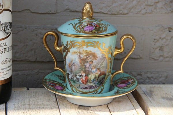Antique French Porcelain marked sugar bowl pot Victorian romantic scene