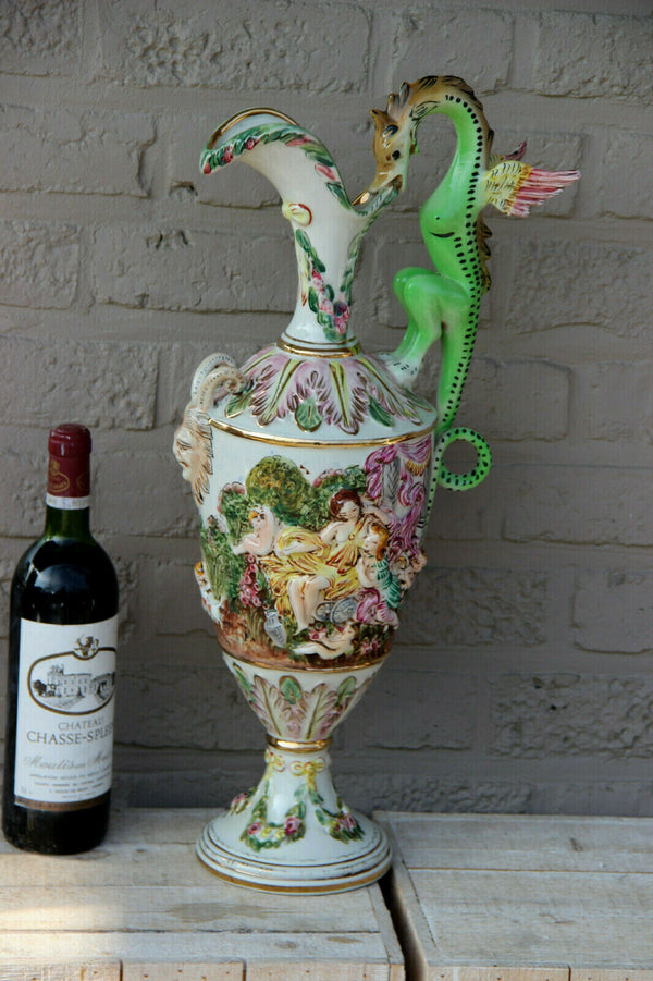 Rare Italian Capodimonte marked porcelain Ewer pitcher vase putti dragon gothic