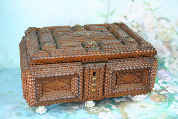 Antique large1900  English Tramp art box wood porcelain paws flower deco inside