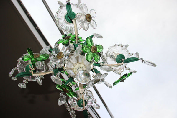 French Crystal glass green daisy flower chandelier pendant attr maison bagues