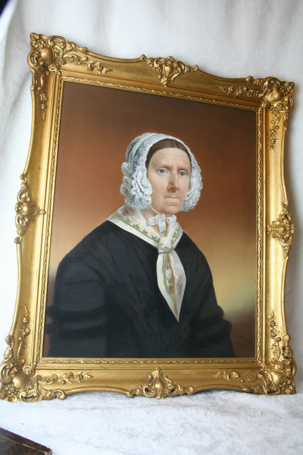 1850 Signed Dutch Master Slothouwer PASTEL painting Folkloric lady Portrait
