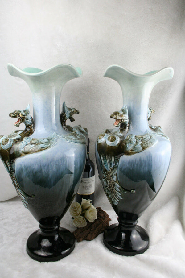 XL unusual PAIR French BARBOTINE majolica Art nouveau 1900 Dragon Vases marked