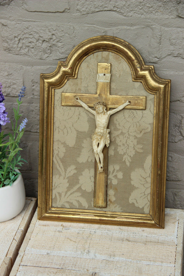 Antique French 19thc Religious crucifix christ framed cross