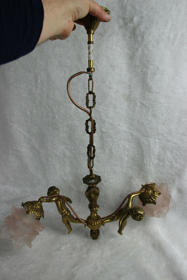 Antique French brass 2 putti cherub arms chandelier pendant pink glass shade