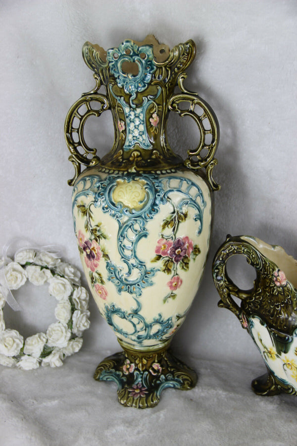 Antique French barbotine majolica Vases centerpiece set 1900 art nouveau
