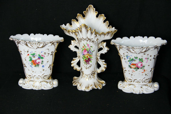 Antique French vieux paris porcelain vases set of 3 hand paint floral