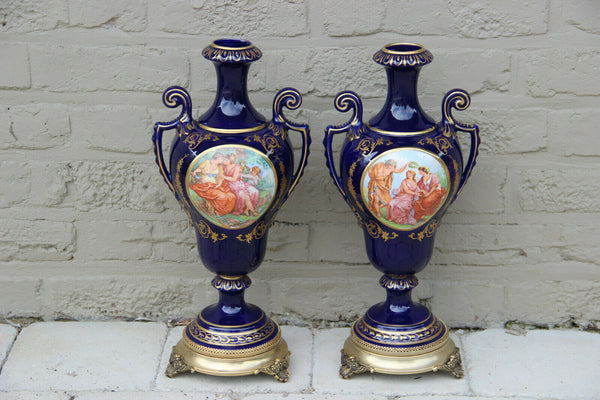PAIR French Limoges blue porcelain romantic victorian scene Vases 1950