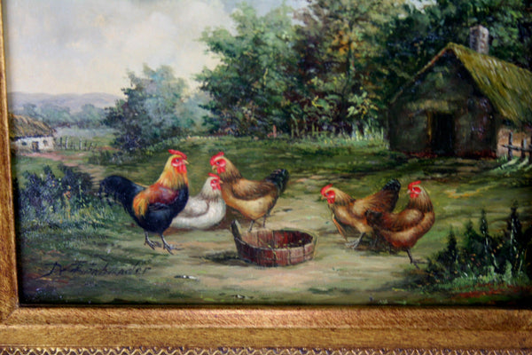 Flemish school oil panel chicken painting 1950's signed