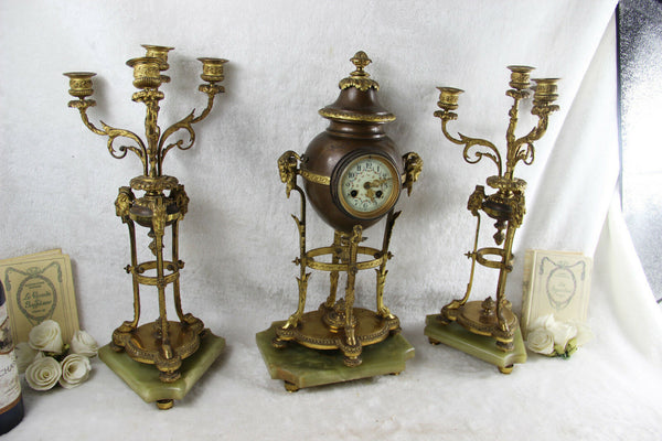 Antique empire French clock set candelabras ram heads paws onyx marble base