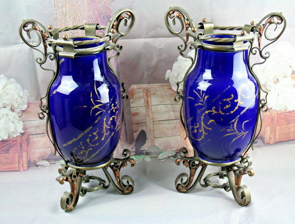 PAIRE Castle neo gothic French Faience Vases urns Cassolettes Blue wrought iron
