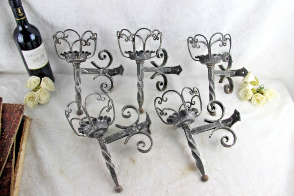 Set 5 French cast iron gothic castle sconces wall lights 1950s