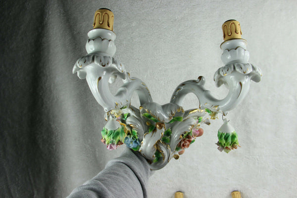 PAIR Italian capodimonte porcelain majolica relief flowers wall lights sconces
