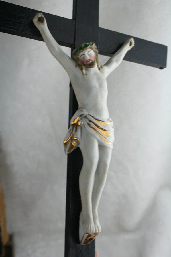 French Antique Crucifix holy water font vieux andenne porcelain 19thc